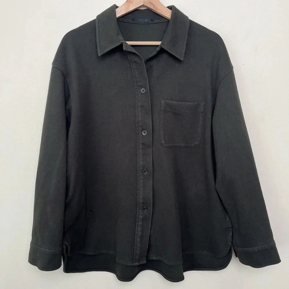 Uniqlo Womens Medium Dark Olive Brush Jersey Button Oversized Shirt - Picture 2 of 15